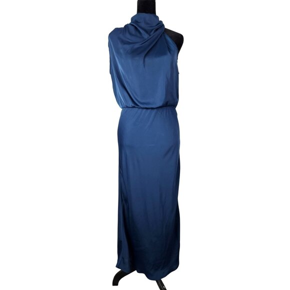 Elegant Womens Navy Satin Halter Neck Midi Dress Keyhole Pearl Size S Wedding - Picture 4 of 12